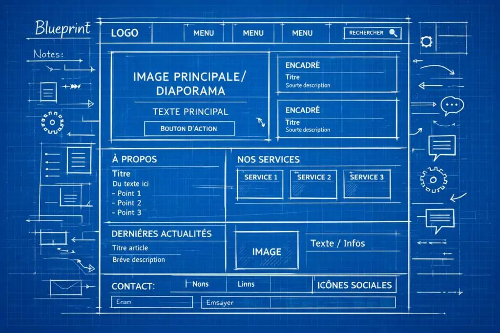 Maquette wireframe d'un site web façon blueprint