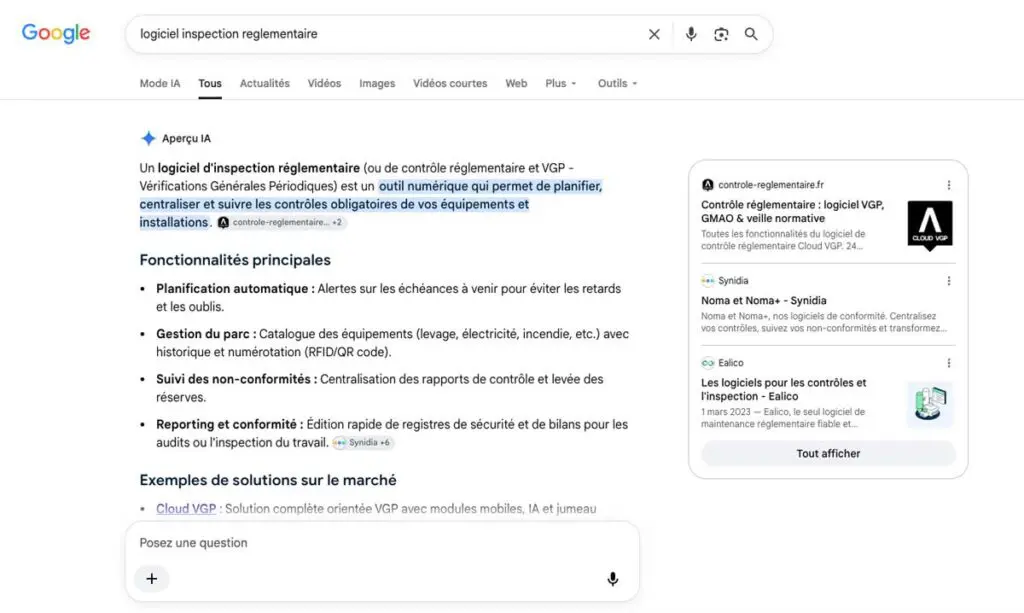 Synidia cité par AI Overview de Google pour l'inspection et la conformité reglementaire